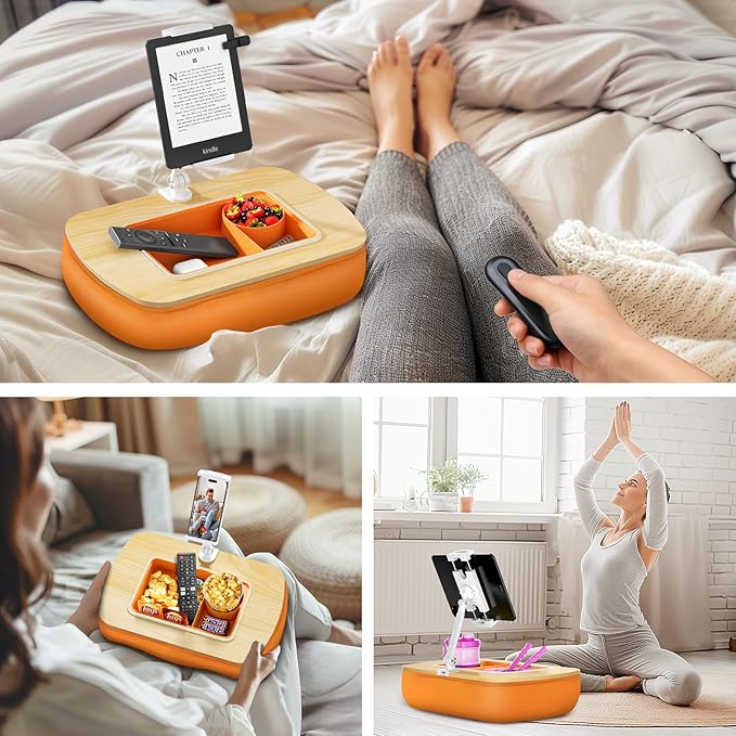 Lap Beanbag Tablet Pillow Stand with Snack Bowl and 360° Rotating Arm, Adjustable iPad Holder for Bed, Couch, and Recliner, Compatible with 4.7"-13" Kindle, iPad, Tablet, Phone,Orange