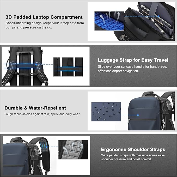 Vacuum Backpack Travel – Expandable Compression Carry On Backpack with Vacuum Pump, Water-Resistant TSA Lock Travel Bag, 17" Laptop Backpack for Men Women, Business Airplane Flight Luggage, Navy Blue