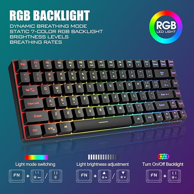 RedThunder K84 Wireless Keyboard and Mouse Combo, Rainbow Backlit Rechargeable Battery, 75% Layout TKL Ultra Compact Gaming Keyboard & Lightweight 3200 DPI Honeycomb Optical Mouse (Black)