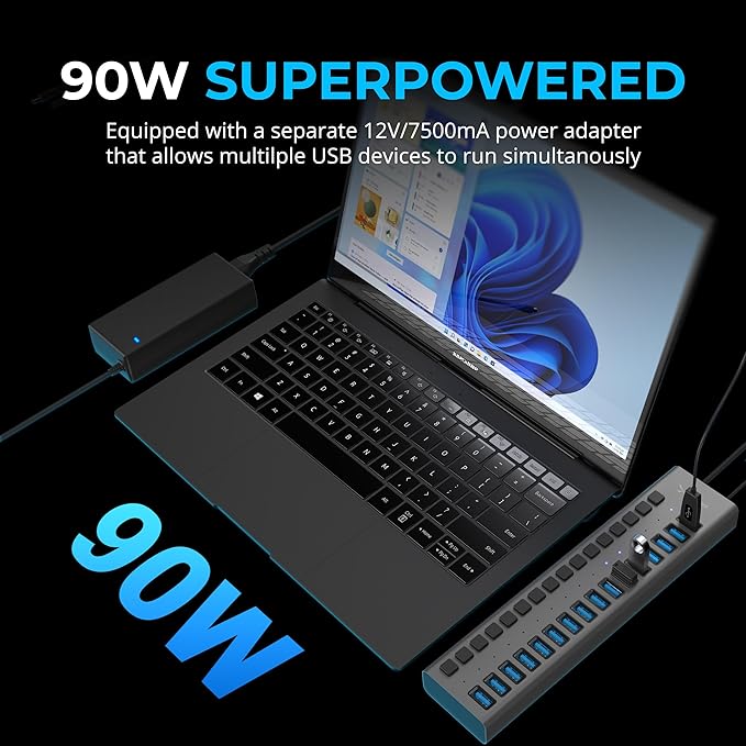 SABRENT 16-Port USB 3.0 Data Hub and Charger with Individual Power Switches, 90W High-Power Output (HB-PU16)