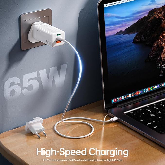Bwine 65W USB C Charger,3-Port Fast Charging Blocks, Universal Travel Adapter Kit,Compatible with iPhone17/Pro,Galaxy S24,Note 20/10+,iPad and More(4ft USB-C Cable,UK/EU Conversion Plug Includes)