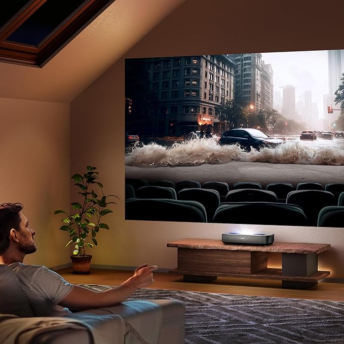 Hisense PL2, Ultra Short Throw Home Theater Laser Projector, 80” – 150”, 4K UHD, 2,700 Lumens, 3000:1 Contrast, Dolby Vision & Atmos, 3D, Google TV, WIFI 6E