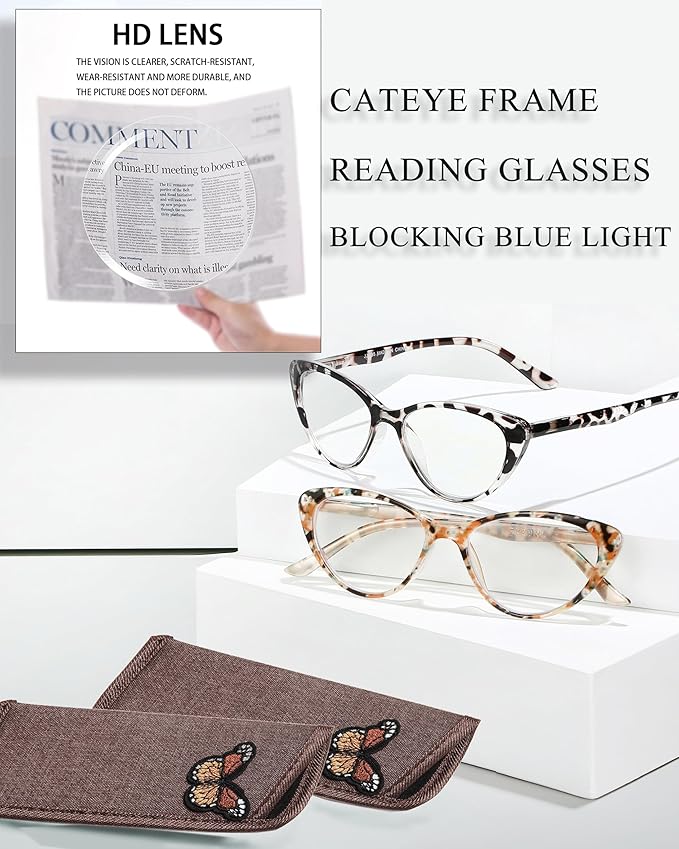 EYEURL Cat Eye Reading Glasses for Women -2 Pack of Blue Light Blocking Readers Spring Hinge Computer Eyeglass with Tortoise/Champagne Pattern Design Readers for women +1.00