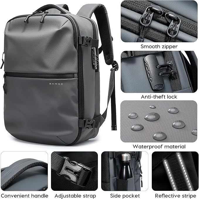 BANGE Travel Backpack with Vacuum Pocket and TSA lock version can hold 15.6 inch Laptop suitable Overnight Flight Approved Anti-theft Bag