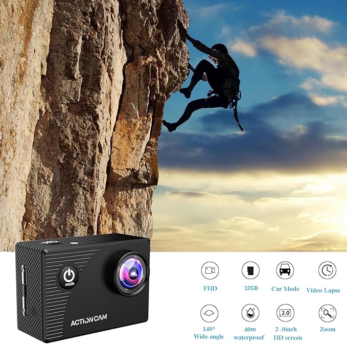 Action Camera 1080P Sports Camera 32GB Memory Card Action Cam 4xZoom 131ft Underwater Waterproof with 2 X Batteries and Multi-Function Accessory(X2R)