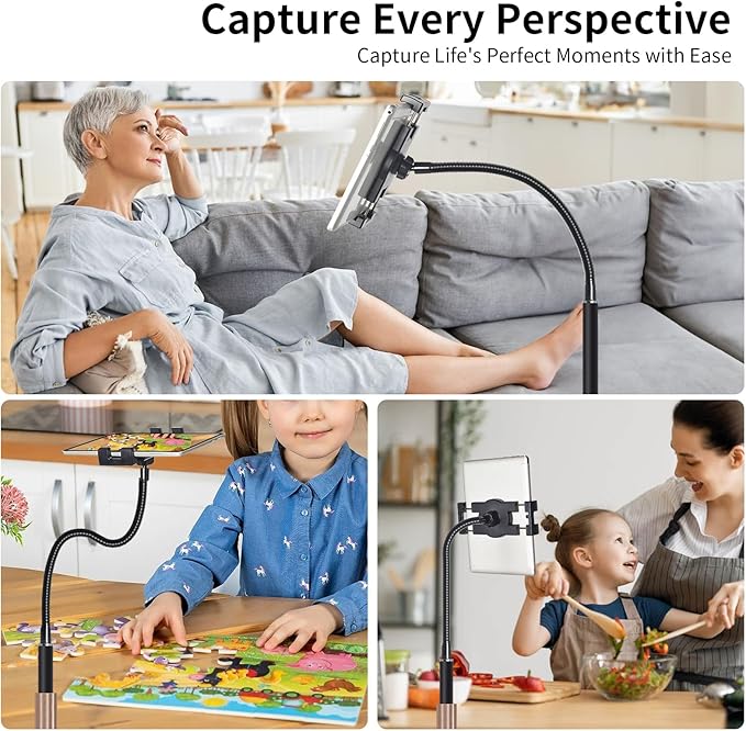 wishacc Tablet Floor Stand with Adjustable Gooseneck Mount, Swivels and Wheels for Bedside, Compatible with iPad, Galaxy Tab, Kindle and Phones