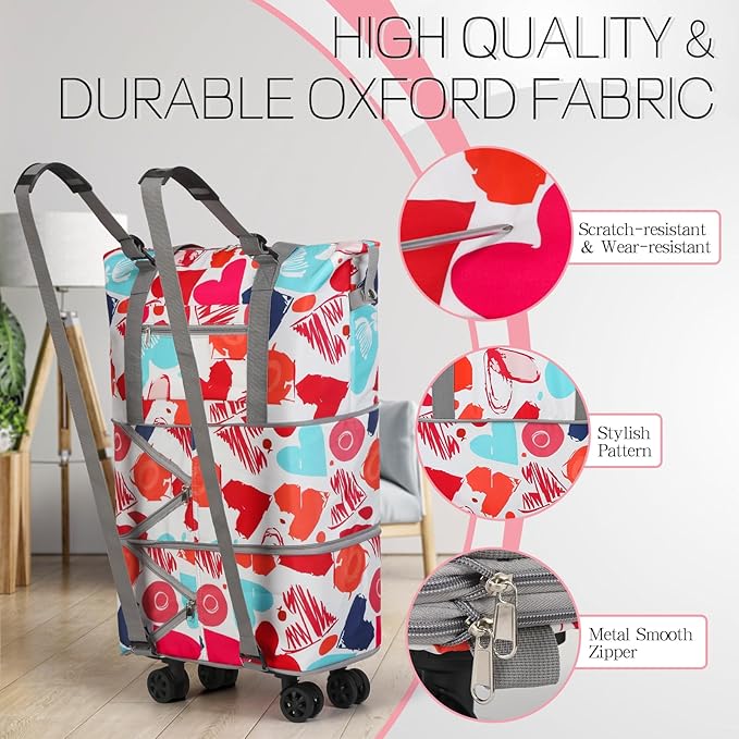 VOOWO Rolling Duffel Bag with Wheels - Foldable Expandable Duffle Bag with Wheels for Travel, Rolling Luggage Bag Wheeled Carry On Bag, Large Rolling Backpack Weekend Bags for Men Women (Love)