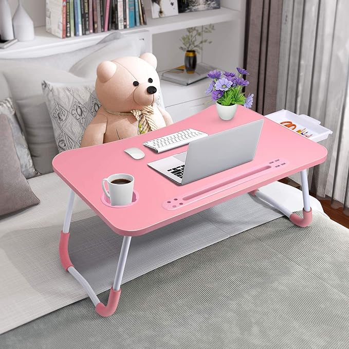 Slendor Lap Desk with Tablet Slot, Foldable Laptop Table with Storage Drawer for Bed，Portable Bed Desk for Laptop, Computer Tray with Cup Holder Notebook Stand Reading Holder for Couch Floor, Pink
