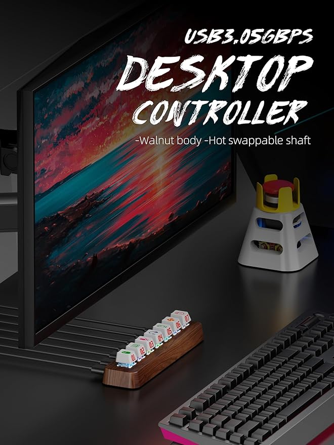 7-Port USB 3.0 Powered Hub, RGB Lighting, Hot-Swappable Cherry MX Switch Support, 5Gbps Speed, Includes 12V/2A Power Adapter, Walnut Wood Cyberpunk USB Dock-FU0736