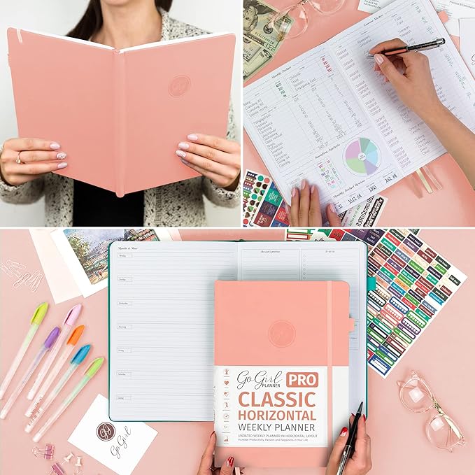 GoGirl Planner PRO Schedule - Undated Planner with Hourly Time Slots, Monthly, Weekly & Daily Organizer, Appointment Book for time Management, 7"x10" Hardcover, Lasts 1 Year - Peach Pink