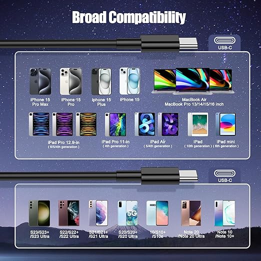 2-Pack Black 10FT 60W USB C to USB C Cable, Type C Fast Charging Cable for iPhone Air 17 16e 16 15 Pro Plus Pro Max，for Galaxy S25/S24, for iPad Pro/Air/mini, for MacBook Pro/Air and More