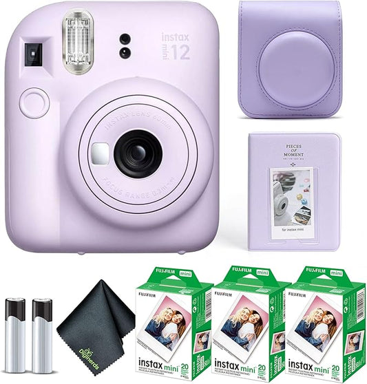 Fujifilm Instax Mini 12 Instant Camera Lilac Purple Bundle with Fuji Instax Mini Film Value Pack (60 Sheets) + Protective Carrying Case + Photo Album + Microfiber Cleaning Cloth