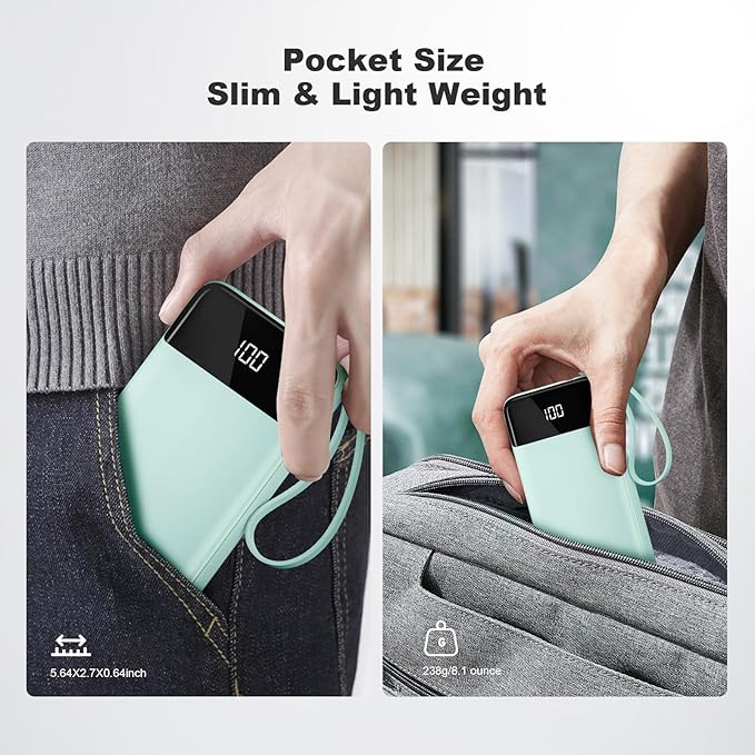 Power Bank 10000mAh Portable Charger with 4 Built-in Cables, Type-C in & Out Phone Charger, External Battery Charger Pack & Travel Essential for iPhone 16/15/14, Samsung, iPad, Android