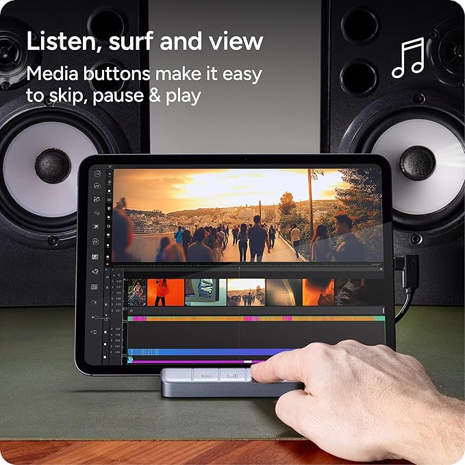 ZAGG 6-Port Media Hub – for iPad, Chromebook, Android & More – HDMI 4K 60Hz, USB-C PD 100W, USB-A 3.2 10Gbps, SD & MicroSD Card Readers, Audio Jack – Compact & Durable w/Media Buttons