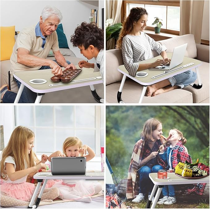 Zapuno Laptop Lap Desk, Foldable Laptop Table Tray with 4 USB Ports Storage Drawer and Cup Holder, Lap Bed Desk Notebook Stand Laptray Portable Standing Table for Bed Couch Floor