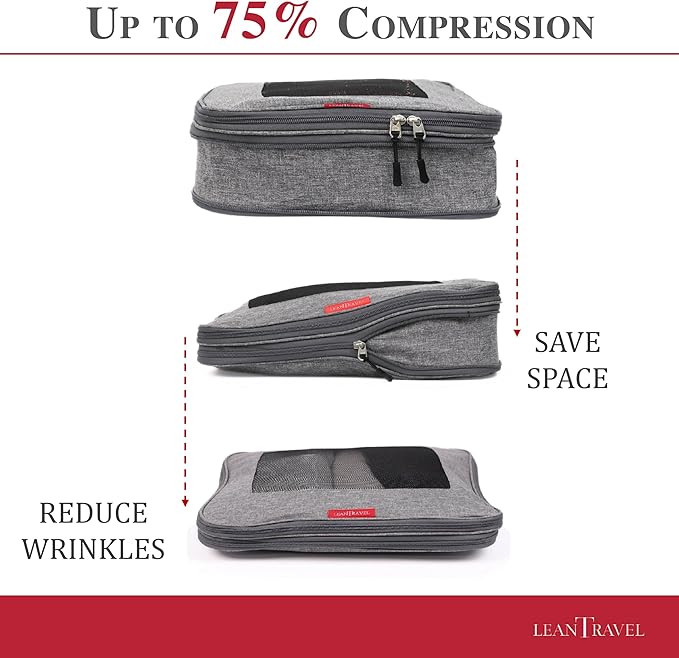 LeanTravel Compression Packing Cubes for Travel Organizers with Double Zipper (6-Pack (2L+2M+2S), Grey-Black-Brown)