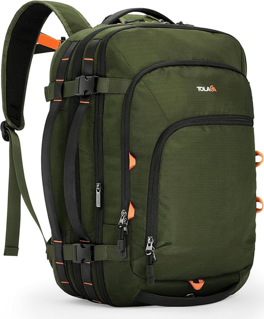 Tolaccea Travel Backpack, TSA Friendly Flight Approved Carry-on Luggage Water-resistant Business Rucksack, Durable Large Computer Bag Daypack Fits 15.6 Inch Laptop, 35-45L Expandable - Green