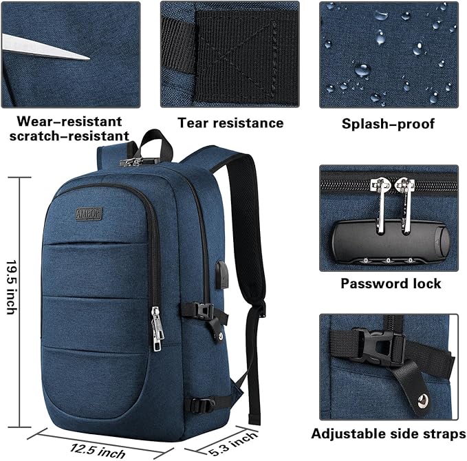 AMBOR 15.6-17.3 Inch Laptop Backpack, Anti Theft Business Travel Backpack with USB Charging Port and Headphone Interface, Water Resistant Computer Bag for Men & Women, Blue
