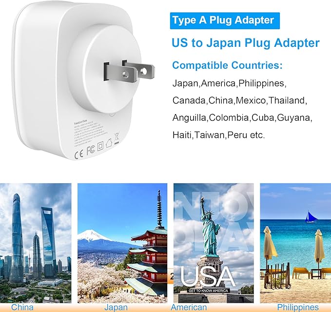 Type A Plug Travel Adapter,2 Packs Japan Plug Adapter, International Plug Travel Converter with 4 USB Ports and 1 American Outlet, US Socket to Philippine China Taiwan Travel essentials.