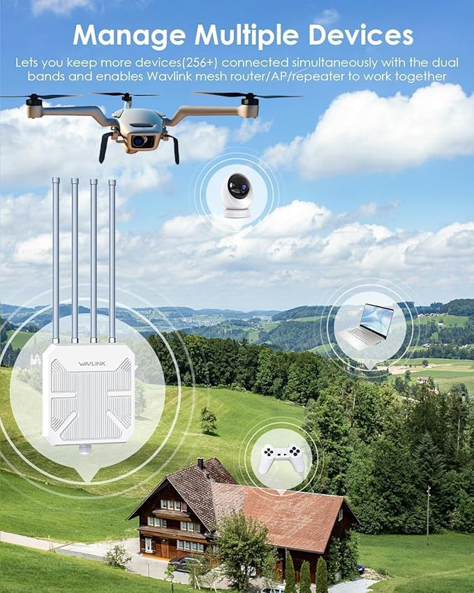 WAVLINK 2025 AX3000 WiFi 6 Wireless Outdoor Repeater, Long Range Outdoor WiFi Extender with Dual Band/PoE/IP67 /600mW of Power/Up to 256 Devices Work with Starlink, Support for Farm, Campsite