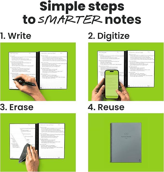 Rocketbook New Core Reusable Spiral Notebook, Executive Size 6x8.8, Gray - Lined Pages, App-Connected, Erasable, Durable Cover, Ideal for School, Work, and Creative Projects