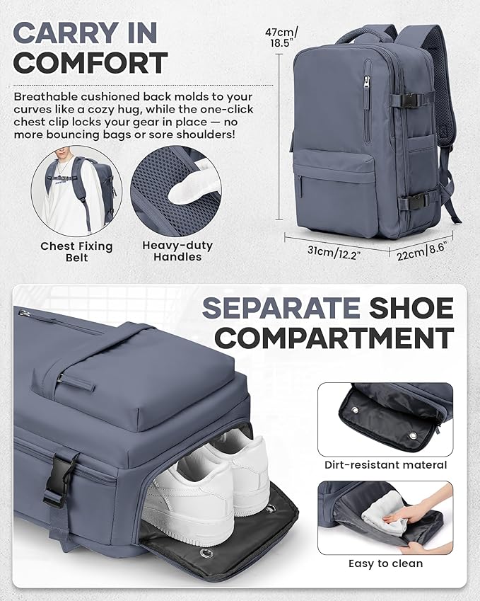 Vacuum Travel Backpack with Pump for Women, Personal Item Carry on Backpacks Flight Approved 18x14x8 inches for Men,Laptop Waterproof Work Compression bags Casual Daypack. (GreyBlue)