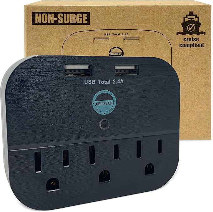 Cruise Approved Power Strip - Non Surge Protector Travel Power Strip with 2 USB Outlets - Cruise Ship Essentials 2025 & 2026 for Carnival, Princess, Norwegian, Holland America, MSC & Major Lines