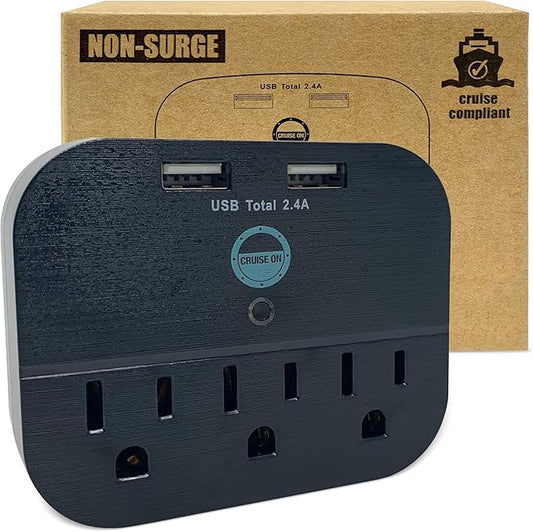 Cruise Approved Power Strip - Non Surge Protector Travel Power Strip with 2 USB Outlets - Cruise Ship Essentials 2025 & 2026 for Carnival, Princess, Norwegian, Holland America, MSC & Major Lines