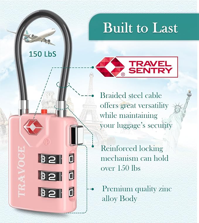 Search Alert TSA Approved Travel Combination Luggage Cable Locks for Suitcase, Gym Locker,Toolbox,Backpack 1,2,4,6 &10 pk (Pink 2 Pack)