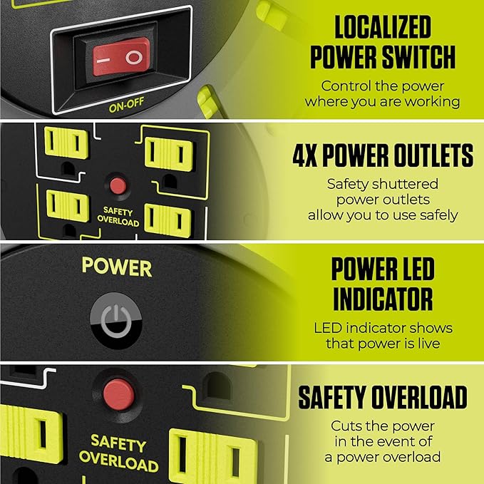 80ft Cord Reel, Retractable Extension Lead with Winding Handle, Safety Overload Circuit Breaker and Power Switch, 4X Grounded Outlets, 13amps, 14AWG Cable