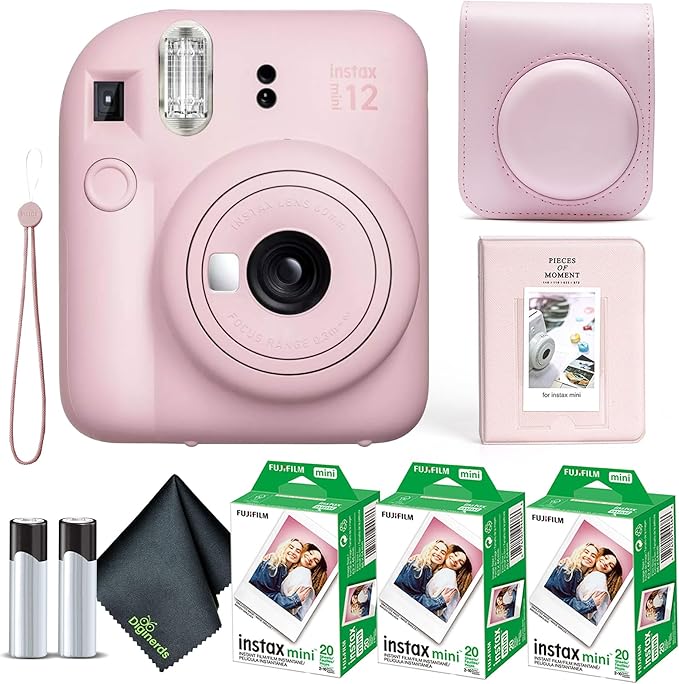 Fujifilm Instax Mini 12 Instant Camera Blossom Pink Bundle with Fuji Instax Mini Film Value Pack (60 Sheets) + Protective Carrying Case + Photo Album + Microfiber Cleaning Cloth
