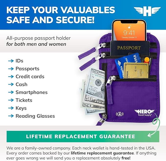 HERO Neck Wallet, RFID Blocking Passport Holder, Easy to Conceal Pouch (Purple)