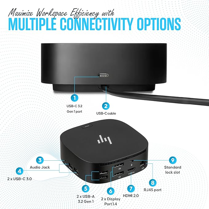 HP Docking Station for Laptop Dual Monitor and Charging - 5TW10AA / 5TW10UT / 5TW10AA#ABB USB-C G5 Dock with 120W + HDMI Cable + DisplayPort Cable (Renewed)
