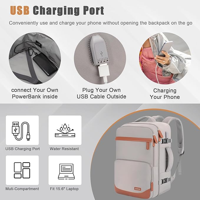 40L Travel Backpack with USB Charging Port, Water-Resistant Carry On Backpack for Men Women, Business Laptop Backpack for Trips & Commutes, Fits 15.6/17.3 Inch Laptop