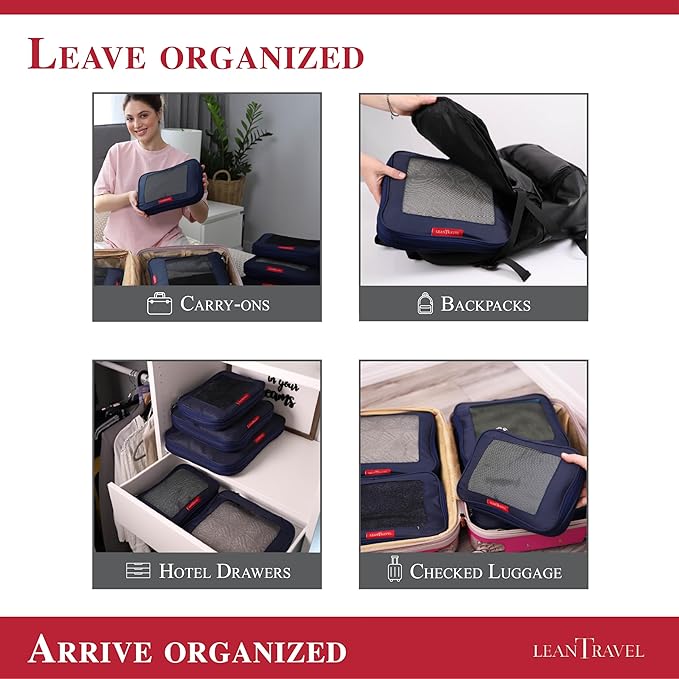 LeanTravel Compression Packing Cubes for Travel Organizers with Double Zipper (3-Pack (2L+1M), Navy)