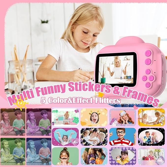 Kids Camera Instant Print Camera for Kids, Toddler Cameras Christmas Birthday Gifts for Girls Boys, 1080P HD Digital Video Cameras, Instant Camera Toy for 4 5 6 7 8 9 10 Year Girl with SD Card (Pink)