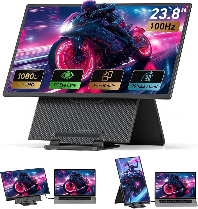 23.8" Portable Monitor 1080P FHD 100Hz, IPS Laptop Screen Extender with 120% sRGB, 90° Rotatable & Height Adjustable Stand, USB-C/HDMI Plug & Play, Travel Monitor for Mac, Phone, Switch, Xbox, PS5