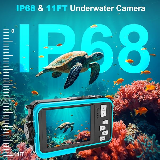 4K Underwater Camera 56MP Autofocus 16FT Waterproof Camera Dual-Screen Selfie 16X Underwater Camera for Snorkeling Waterproof Compact Floatable Digital Camera with 32GB Card