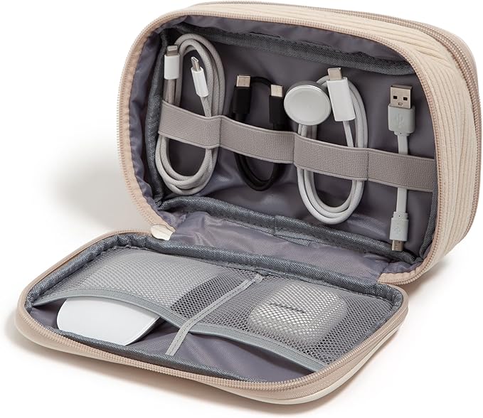 U Brands Dual Zip Corduroy Travel Electronics Organizer, Tech Travel Case, Portable Travel Bag, Cord Storage, 8" x 5.25" x 2.5", Sand Beige