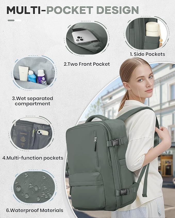 VECAVE Travel Backpack,Carry On Backpack for Women,Airline Flight Approved Waterproof 14 Inch Laptop Backpack with Shoe Compartment Casual Daypack Backpacks DarkGreen.