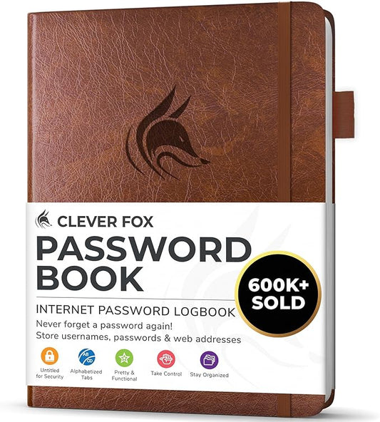 Clever Fox Password Book with alphabetical tabs. Internet Address Organizer Logbook. Small Pocket Password Keeper for Website Logins (Brown)