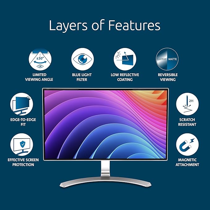 Kensington MagPro 23.8 Inch Magnetic Computer Privacy Screen for Desktop, Removable 16:9 Computer Privacy Filter, Anti-Glare Blue Ray Reduction, Compatible with Slim Bezel Monitors, K55421WW