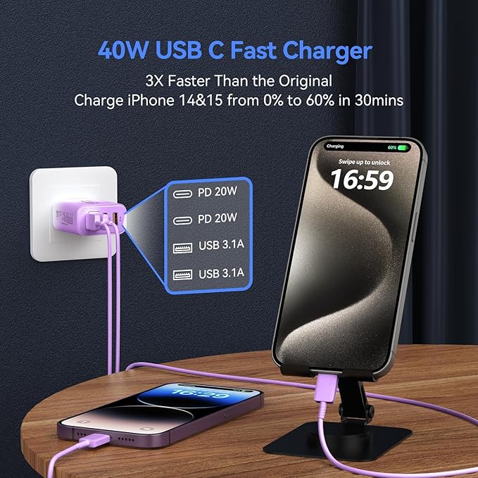 USB C Wall Fast Charger Block, 40W 4-Port Type C Chargers Fast Charging Blocks PD Power Charger Adapter+QC 3.0 USB Multiport Charger Brick for Phone 17/16/15/14/13/12 Pro Max, i-Pad, Galaxy S25-2Pack