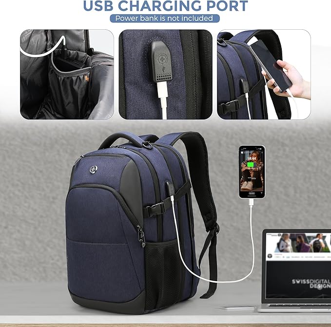 Swissdigital Design Travel Laptop Backpack for Men and Women, 35L Expandable Large Business Backpack with USB Charging Port for Fits 17 Inch Notebook, Blue | ANDWIL PRO