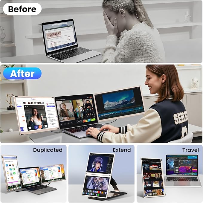 Laptop Screen Extender,Upgraded 15.6" Portable Monitor,FHD 1080P Triple Laptop Screen Extender,Detachable Dual Monitor for 13”-17” Laptops,Plug & Play,Compatible with Mac/Wins/Chrome/Dex