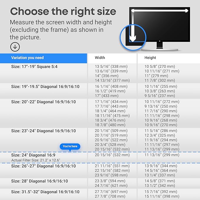 VINTEZ Blue Light Screen Protector for 24 Inch Computer Monitor and Laptop – Anti-UV Blue Light Blocking Film for Desktop PC, Eye Protection Filter, 21.2" x 12.6", 1 Pack