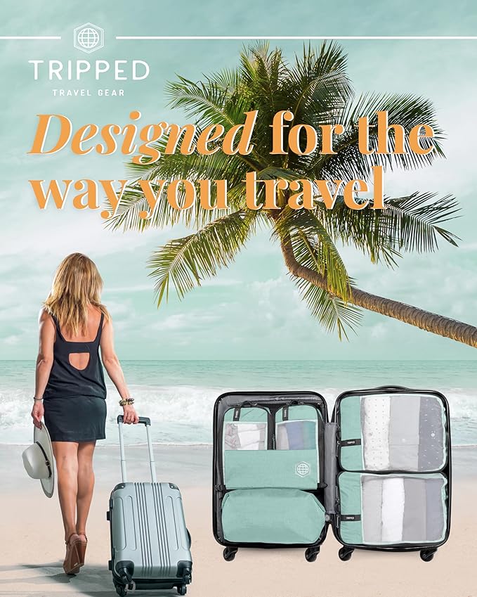 Premium Compression Packing Cubes for Travel, Compression Packaging Cube, Zip Bags Premium 6-Piece Set with laundry bag and shoe bag by TRIPPED Travel Gear (Dusty Teal Mesh)