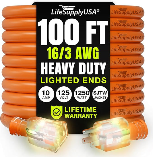 100ft Outdoor/Indoor Extension Cord 16/3 Gauge Heavy Duty 3 Prong SJTW, Waterproof, Flexible Cold-Resistant Long Power Cord,10A 125V 1250W, Orange by LifeSupplyUSA