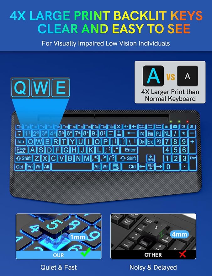 Wireless Keyboard with 7 Colored Backlits, Wrist Rest, Phone Holder, Rechargeable Ergonomic Computer Keyboard with Silent Keys, Full Size Lighted Keyboard for Windows, Mac, PC, Laptop (Large Print)