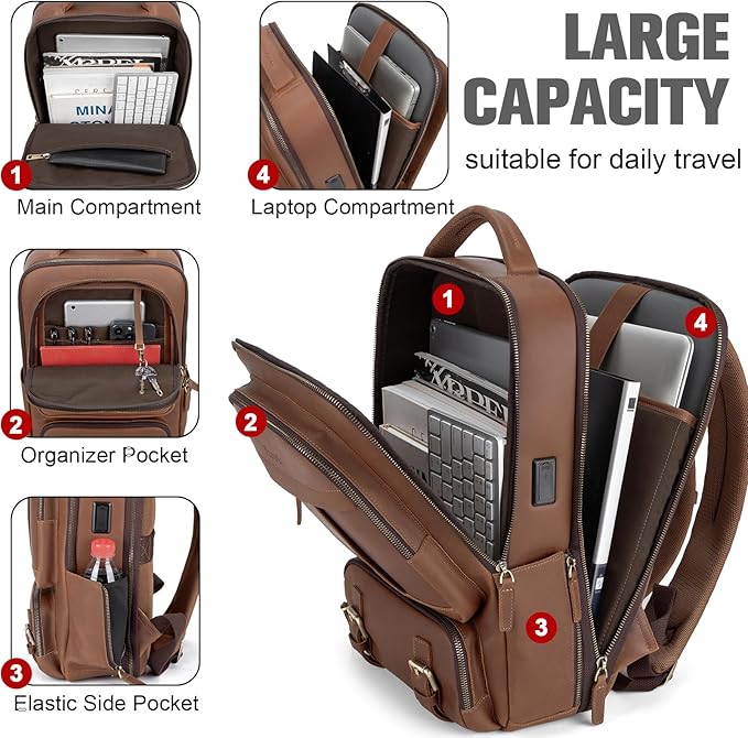 Tzowla Leather Laptop Backpack, Bag for Men and Women,Business Travel Work Rucksack Fits 15.6 Inch Laptop, Bookbag with USB and Type-C Charging Port-Brown